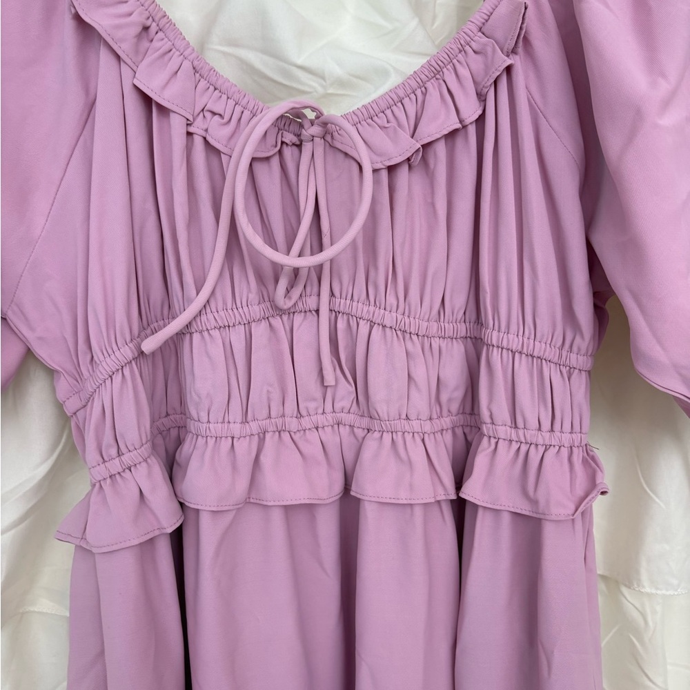 Purple Ruched Puff Sleeve Midi Sundress - Picture 2 of 6